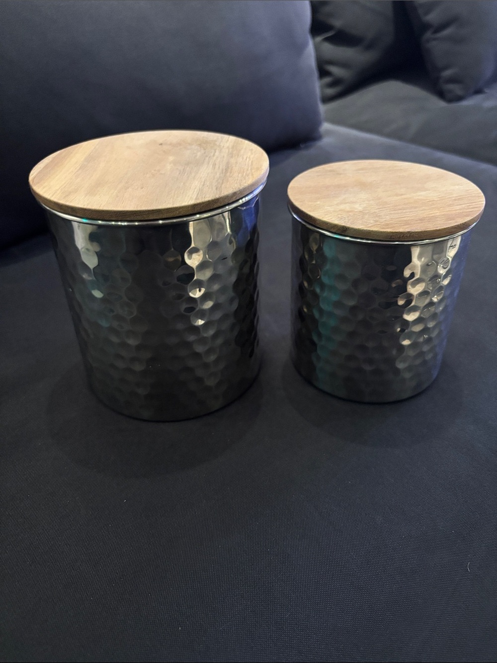 Uncommon James Black Hammered Metal Canister Set with Wood Lids